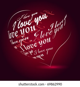 Heart on red background made of "I love you" phrase