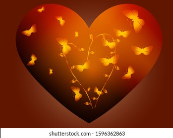 Heart on a red background, a pattern of thin branches in the form of a heart, and butterflies silhouettes