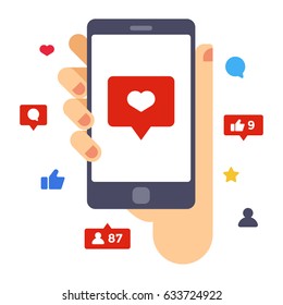 Heart on smartphone screen. Hand hold smartphone. Creative flat design vector illustration