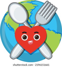 Heart on spoon fork and earth globe illustration