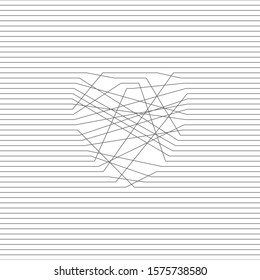 Heart on striped background made of tangled lines, Black and white vector minimalist design element of love concept