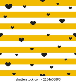 Heart on a striped yellow and white background. Beautiful seamless pattern with honey bees. Great illustration. Ideal for baby fabric, textile, packaging.
