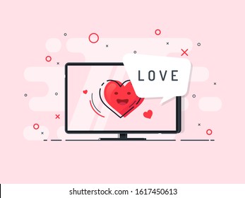 The heart on the TV screen and speech bubble. Trendy flat vector illustration. 