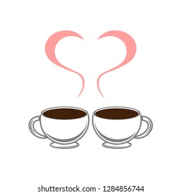 Heart on Valentine's Day.  Two coffee cup and steam. Vector template icon.