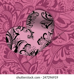 Heart on vintage patterned background. Romantic decorative postcard. Wedding invitation. Valentines day postcard. Vector illustration