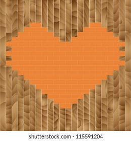 heart on wall - Valentine's day, brick, wood with place for text, brown color, vector illustration