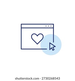 Coração na página web. Suporte ao cliente, atendimento remoto ao usuário. Interface amigável. Pixel perfeito, ícone de vetor de traço editável