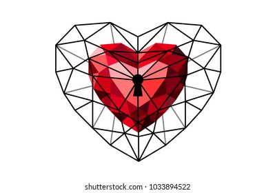 Heart on a white background. Red heart in the cage. 
Heart in style low poly. 
Heart  precious stone.