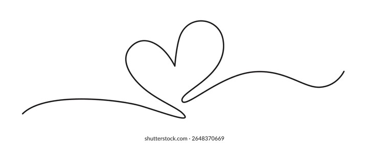 Heart one line art. Continuous linear love shape, wedding lineart icon, minimalist valentine day graphic design, heart doodle stroke