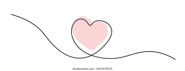 Heart one line art. Continuous linear love shape, wedding lineart icon, minimalist valentine day graphic design, heart doodle stroke