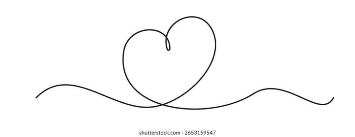 Heart one line art. Continuous linear love shape, wedding lineart icon, minimalist valentine day graphic design, heart doodle stroke