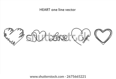 Heart One Line Art Set Love and Romantic Symbols. line icon-continuous line drawing. Editable stroke. 