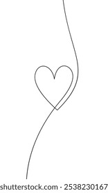 Heart one line drawing in the middle of a vertical line, Continuous black thin line on a white background