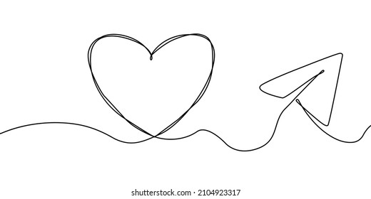 Heart One Line.Heart Line Art.Flying Paper Airplane With Heart .Heart Air Route .Valentines Day.Love Travel Route.Airplane Line Path Continuous Line .