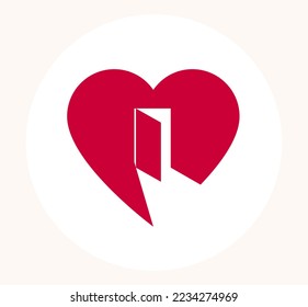 Heart open with door vector simple icon or logo, graphic design element with concept of being open for new feelings, help aid and assistance idea, care and family.