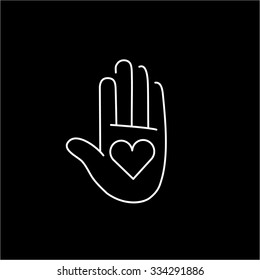 Heart in open hand palm white linear icon on black background | flat design alternative healing illustration and infographic