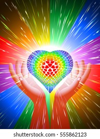 Heart in open hands with glowing beams illuminate the power of love; Background for greeting card on Valentine's Day holiday, wedding, romantic concept; Letter proportion; Vector Eps10; Rainbow LGBT