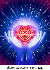 Heart in open hands with glowing beams illuminate the power of love; Background for a greeting card on Valentine's Day holiday, wedding, romantic concept; Letter proportion; Vector Eps10; Blue version