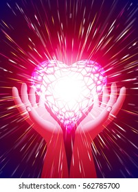 Heart in open hands with glowing beams illuminate the power of love; Background for a greeting card on Valentine's Day holiday, wedding, romantic concept; Letter proportion; Vector EPS10; Red version