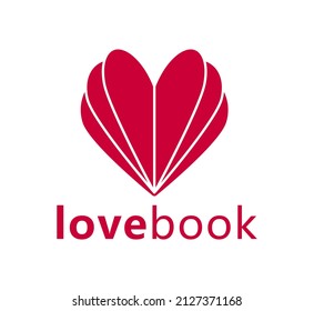 Heart open like a book or brochure with spread pages vector logo or icon, love letter or literature novel about romantic story concept, diary.