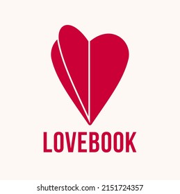 Heart open like a book or brochure with spread pages vector logo or icon, love letter or literature novel about romantic story concept, diary.