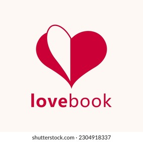 Heart open like a book or brochure with spread pages vector logo or icon, love letter or literature novel about romantic story concept, diary.