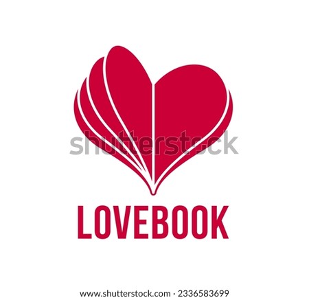 Heart open like a book or brochure with spread pages vector logo or icon, love letter or literature novel about romantic story concept, diary.