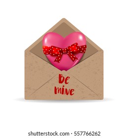 Heart in the open postal envelope. Letter. Be mine. Handwritten inscription. Lettering. Valentines Day.