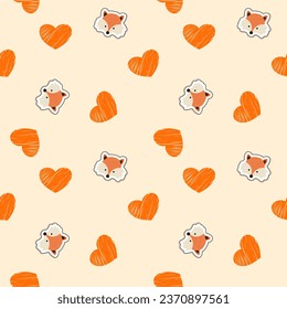 Heart orange and fox. Hello autumn cartoon so cute. Pattern seamless vector illustration. 
