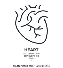 Heart organ editable stroke outline icon isolated on white background flat vector illustration. Pixel perfect. 64 x 64.