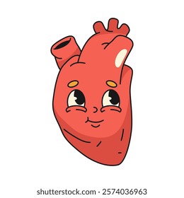 Heart organ with facial expression. Vector retro icon of character for love symbol or loving emotion emblem. Anthropomorphic sign with facial expression for anatomy and healthy lifestyle. Pop art.