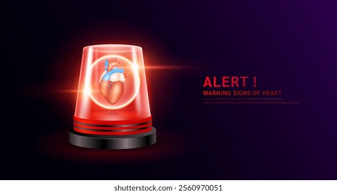 Heart organ human inside red siren light. Danger signs of heart disease. Warning flasher alert emergency. Medical distress signal. Vector EPS10.