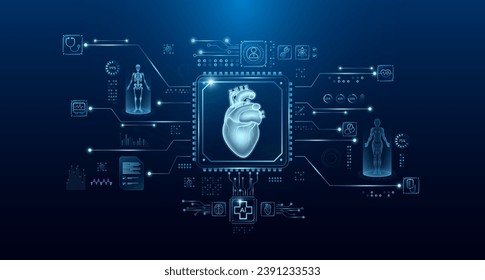 Heart organ human in microchip processor circuit board. HUD interface and a hologram. Modern treatment future medicine. Innovative health care analysis of AI technology digital hi tech. Vector.