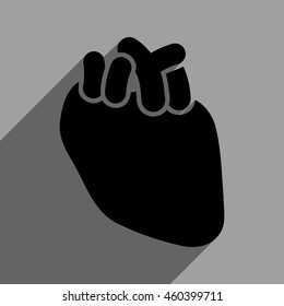 Heart Organ long shadow vector icon. Style is a flat heart organ black iconic symbol on a gray square background with longshadow.