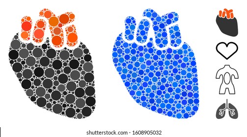 Heart organ mosaic of small circles in different sizes and shades, based on heart organ icon. Vector small circles are organized into blue illustration.