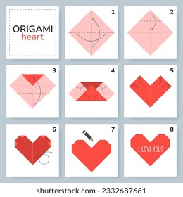 Heart origami scheme tutorial moving model. Origami for kids. Step by step how to make a cute origami heart. Vector illustration.