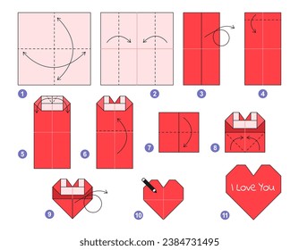 Heart origami scheme tutorial moving model. Origami for kids. Step by step how to make a cute origami red heart. Vector illustration. Happy Valentine's day.