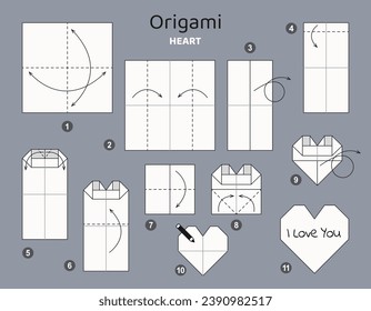 Heart origami scheme tutorial moving model. Origami for kids. Step by step how to make a cute origami red heart. Vector illustration. Happy Valentine's day.