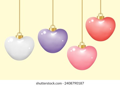 Elementos de adorno cardíaco. Juego de adornos de bola de corazón gorras doradas se burlan de los colores pastel. Aislado sobre el fondo color crema. Ilustración vectorial.