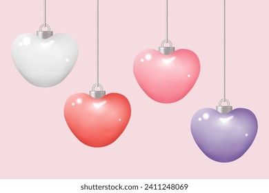 Heart ornament elements. Set of heart ball ornaments silver caps mockup pastel colors. Isolated on pink color background. Vector illustration.