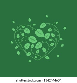 Heart with ornament of green leaves. Flat vector illustration.