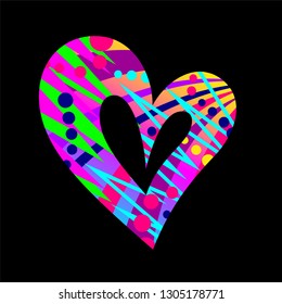 Heart with an ornament. Greeting card. Poster for Valentine's Day and wedding. Style 80’s. Gradient. Memphis style