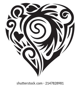 Heart with an ornament inside black color on a white background. The design is suitable for tattoo, decoration, symbol, sign, textile, texture, clothing printing. Vector isolated illustration