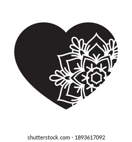 Heart with ornament, mandala design, Valentine’s Day, black and white
