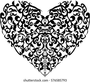 Heart with ornaments inside, black and white, petals and vines in the heart