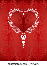 Heart with ornate white border on a red patterned background.