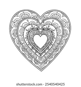 Dibujo de estilo doodle de zentangle adornado con corazón. Tarjeta de felicitación de amor romántico de San Valentín. Tinta negra aislada en blanco. Página para colorear para adultos antistress dibujo forma de corazón Ilustración vectorial