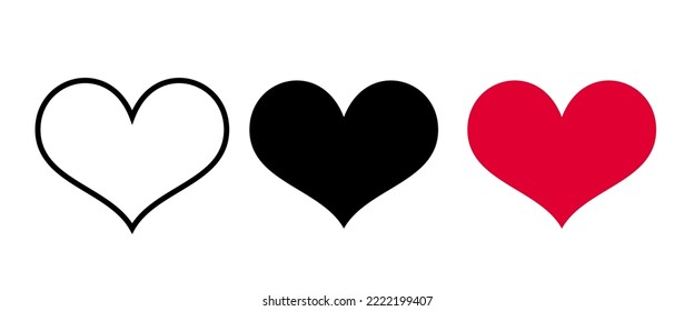 Heart outline black red silhouette flat set. Romantic love and health symbol. Valentine day sign. Stencil stamp template. Social media message live chat likes. Web buttons isolated on white