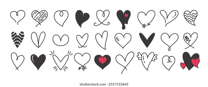 Heart outline doodle clipart black set. Black love heart icon drawing clip art for valentine, anniversary and wedding logotype silhouette collection. Vector illustration valentine's day flat sign.
