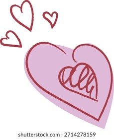 Contorno do coração com mão desenhado script e pequenos corações flutuantes, linhas de pincel ásperas e sombreamento suave. Símbolo de romance, afeto, paixão e cuidado com a saudação, casamento. Ilustração de vetor de desenhos animados.